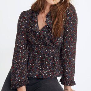 Madewell Starry Dark Mediterranean Silk Ruffle-Hem Starry Night Wrap Top Size M